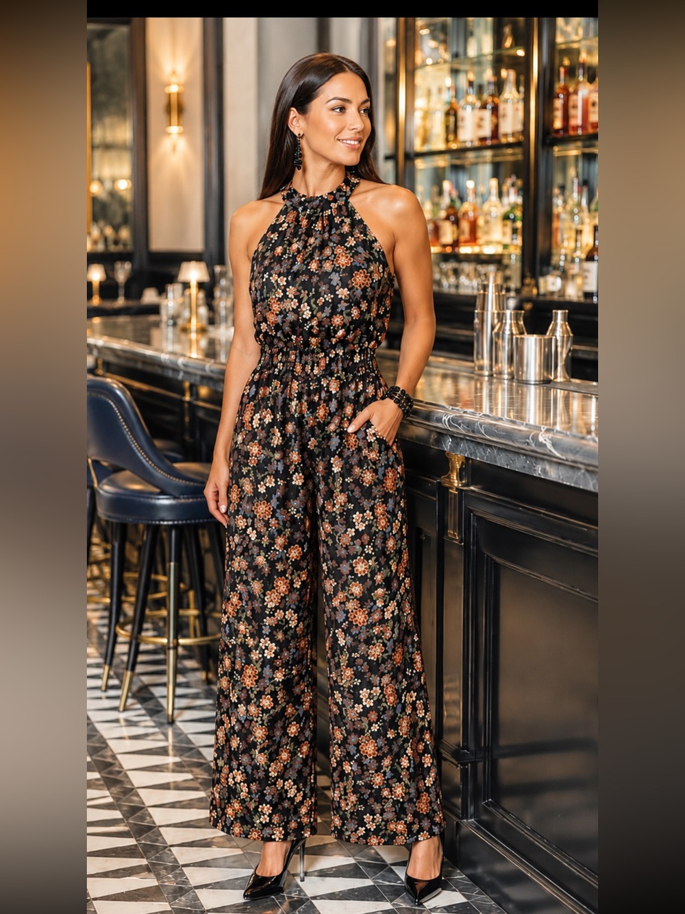 Women's Black Floral Halter Jumpsuit